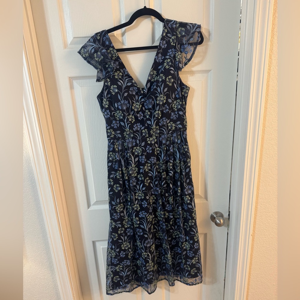 Kensie Navy Floral V-Neck Midi Dress with Ruffle Sleeves